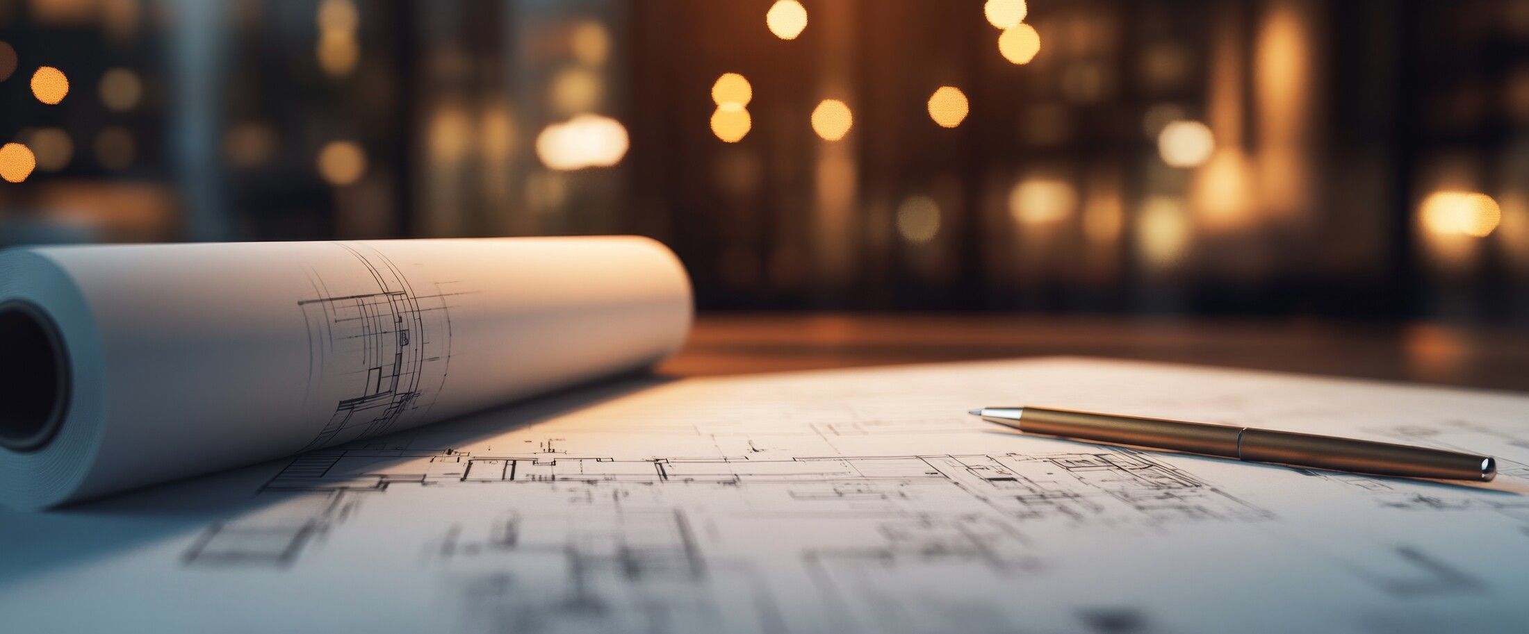 Symboldbild für Baupläne mit Stift, leicht unscharf