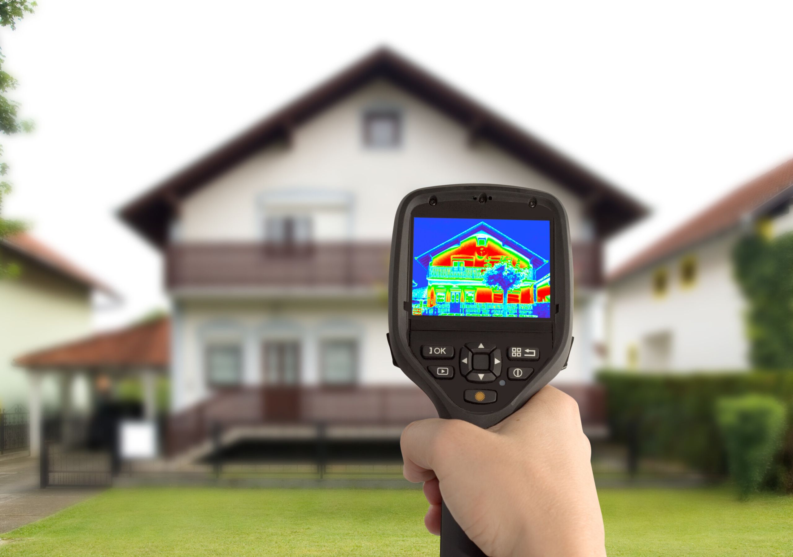 Thermografie-Messgerät mit Wärmebild. Im Hintergrund ist ein unscharfes Haus zu erkennen